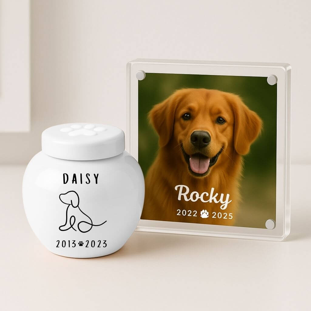 Personalised Ceramic Dog Urn – Pet Cremation Urn for Ashes with Name, Dates & Minimalist Dog Illustration