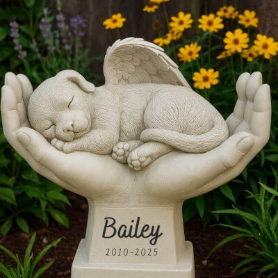 Personalised Dog Memorial Angel Statue in Hands...