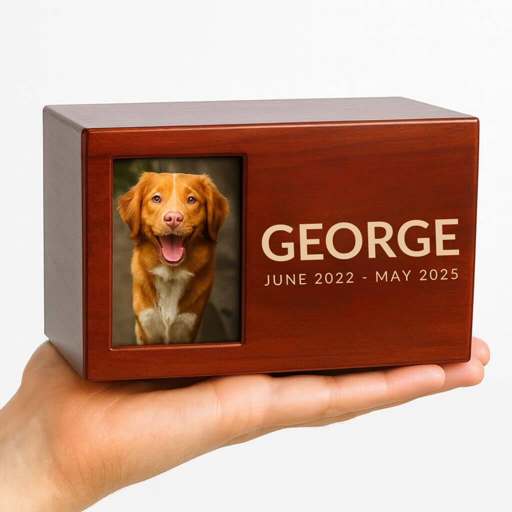 Personalised Wooden Dog Urn Box with Photo – Engraved Memorial Box for Ashes with Name & Dates