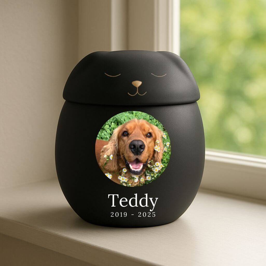 Personalised Ceramic Dog Urn with Sleeping Pet Lid – Cremation Urn for Ashes with Dog's Photo & Details in a Halo Frame