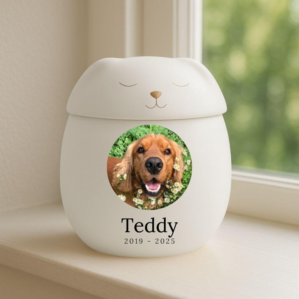 Personalised Ceramic Dog Urn with Sleeping Pet Lid – Cremation Urn for Ashes with Dog's Photo & Details in a Halo Frame