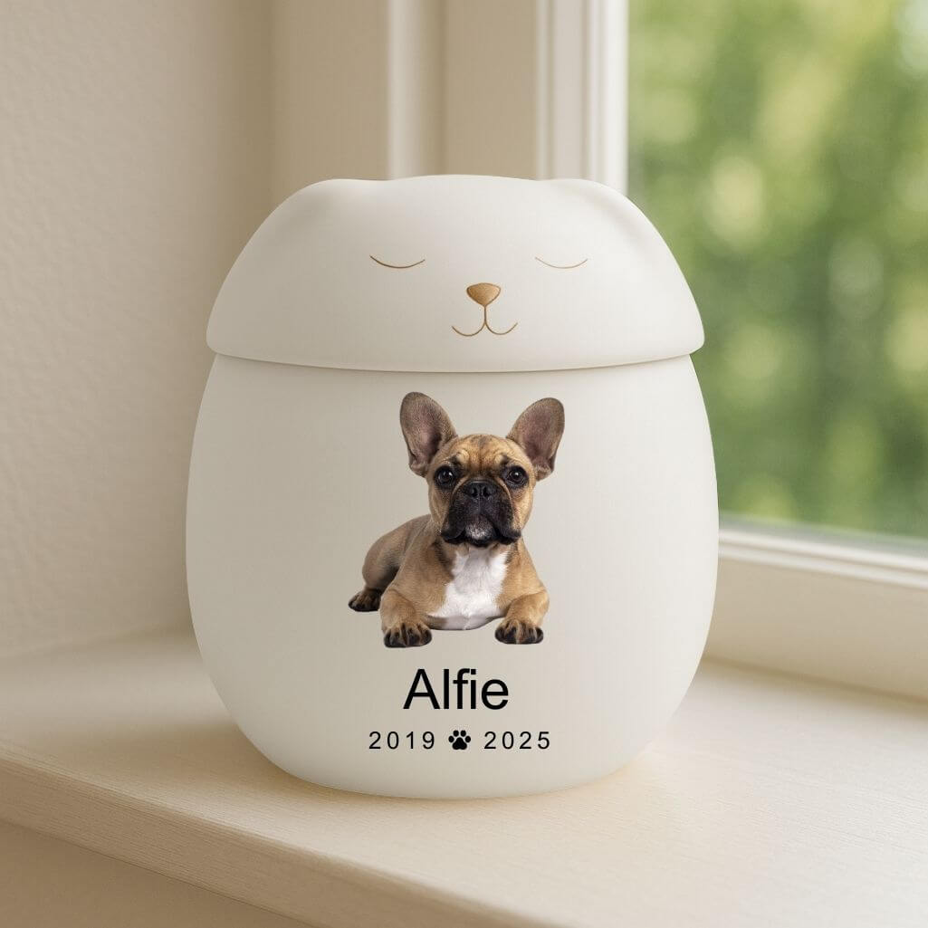 Personalised Ceramic Dog Urn with Sleeping Pet Lid – Pet Cremation Urn for Ashes with Dog's Photo, Name & Dates