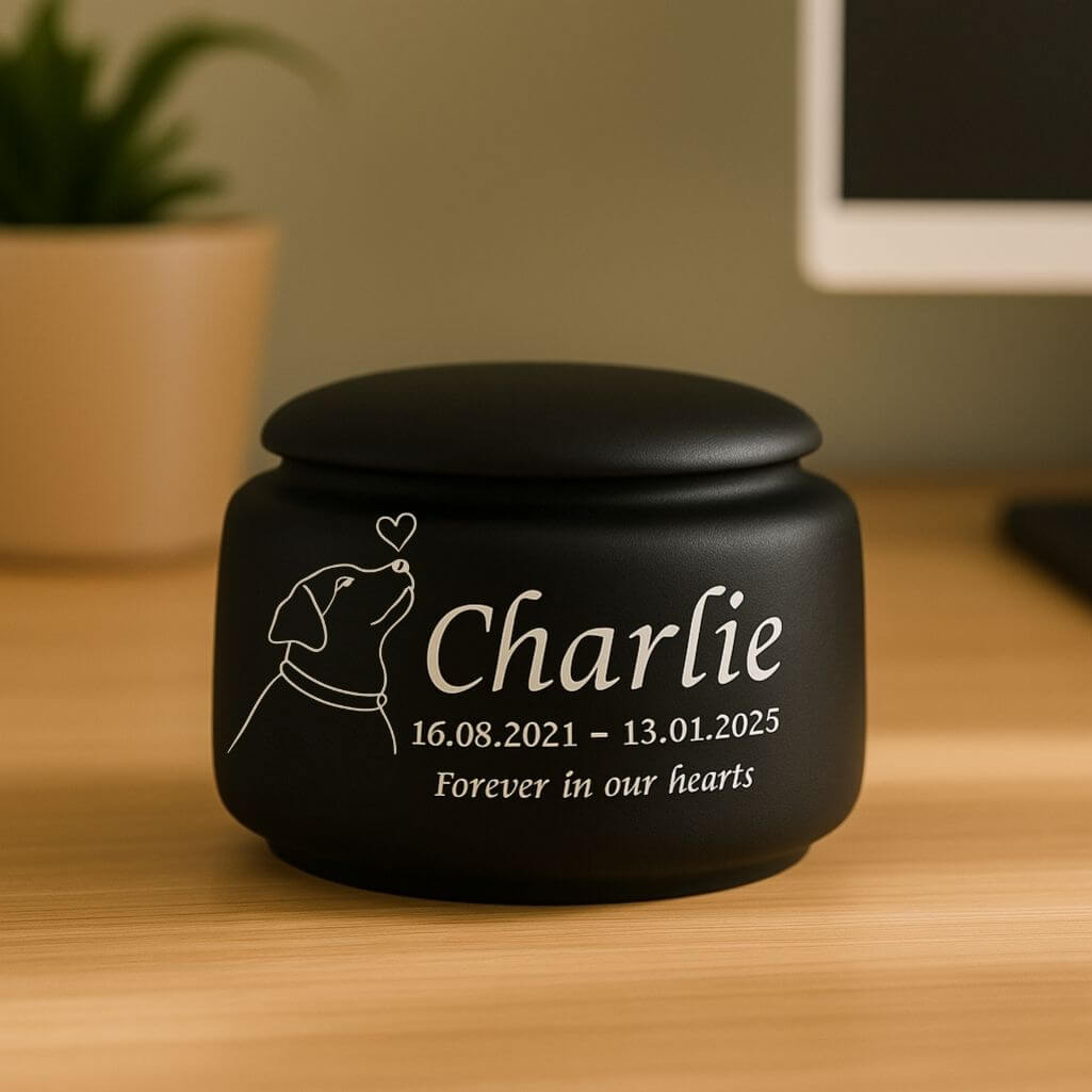 Personalised Ceramic Dog Urn – Pet Cremation Urn for Ashes with Name, Dates, Minimalist Dog Illustration & Tribute
