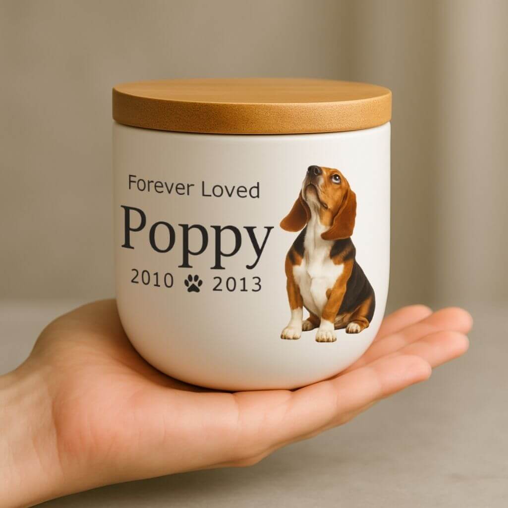 Personalised Ceramic Dog Urn with Photo – Pet Cremation Urn for Ashes with Name, Dates & Tribute