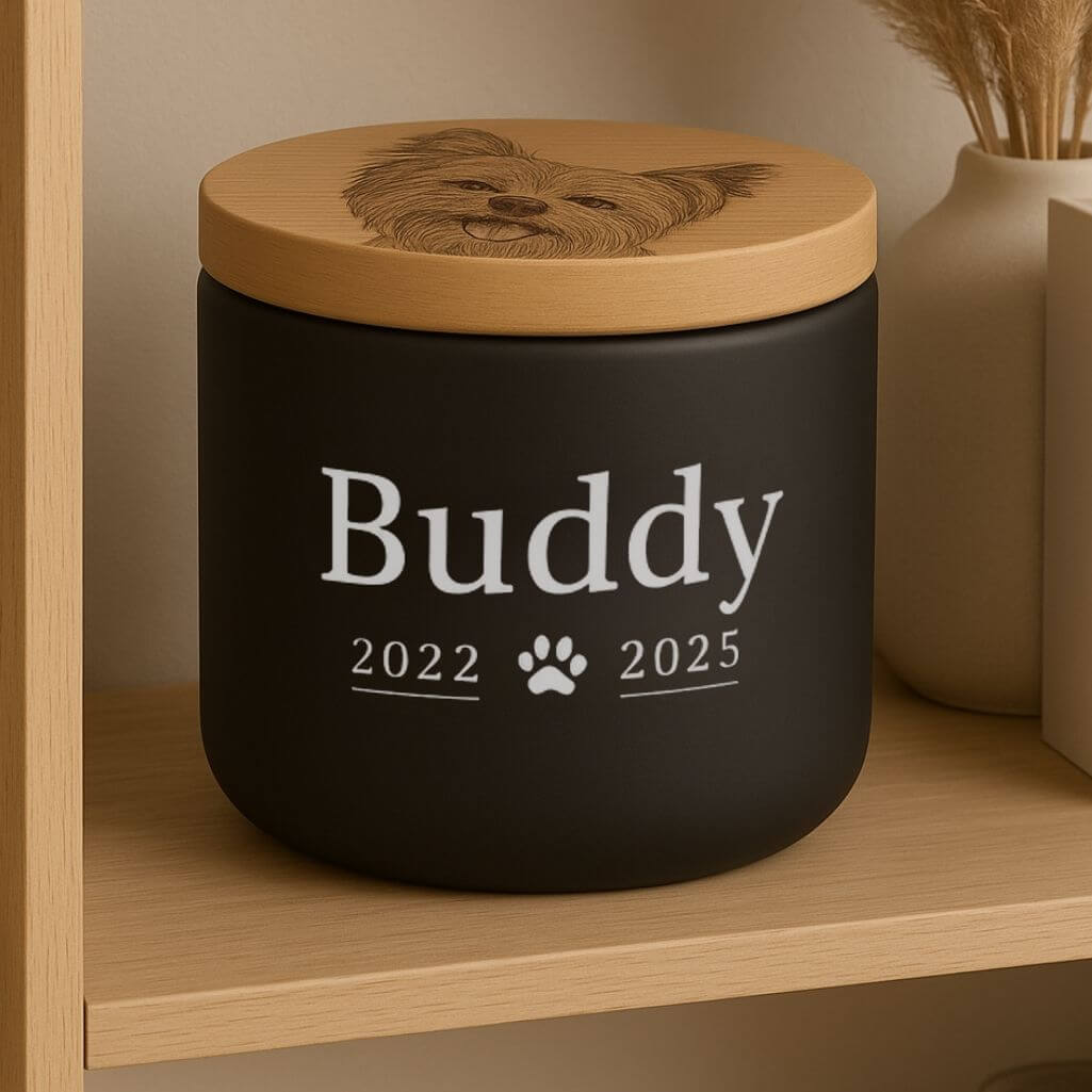 Personalised Ceramic Dog Urn with Engraved Photo Drawing on the lid – Pet Cremation Urn for Ashes with Name & Dates