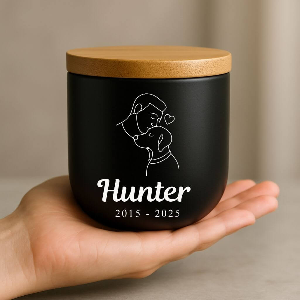 Personalised Ceramic Dog Urn with Man & Dog Illustration –  Pet Cremation Urn for Ashes with Name & Dates