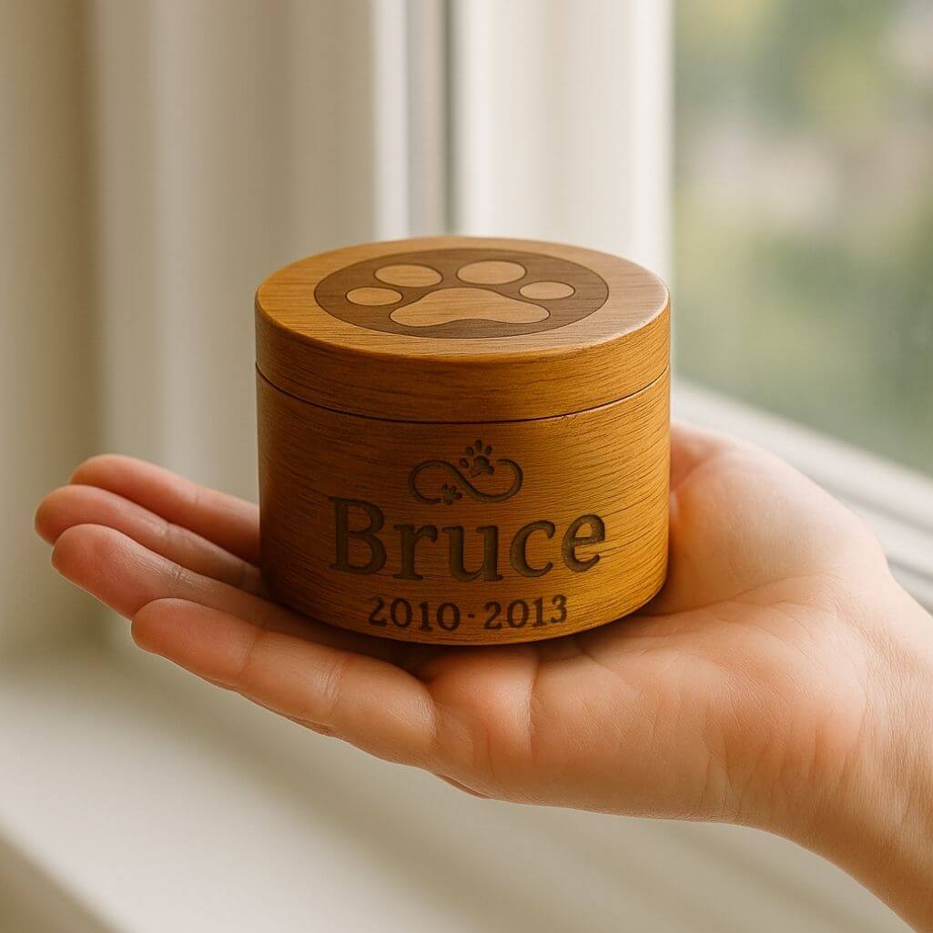 Personalised Wooden Dog Urn with Infinity Paw Heart – Engraved Pet Memorial Urn with Name & Dates