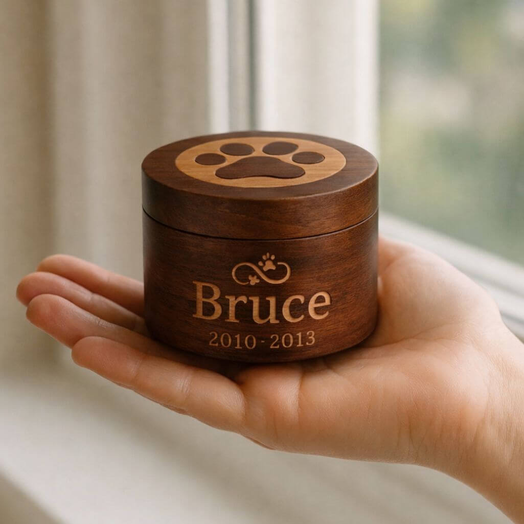 Personalised Wooden Dog Urn with Infinity Paw Heart – Engraved Pet Memorial Urn with Name & Dates