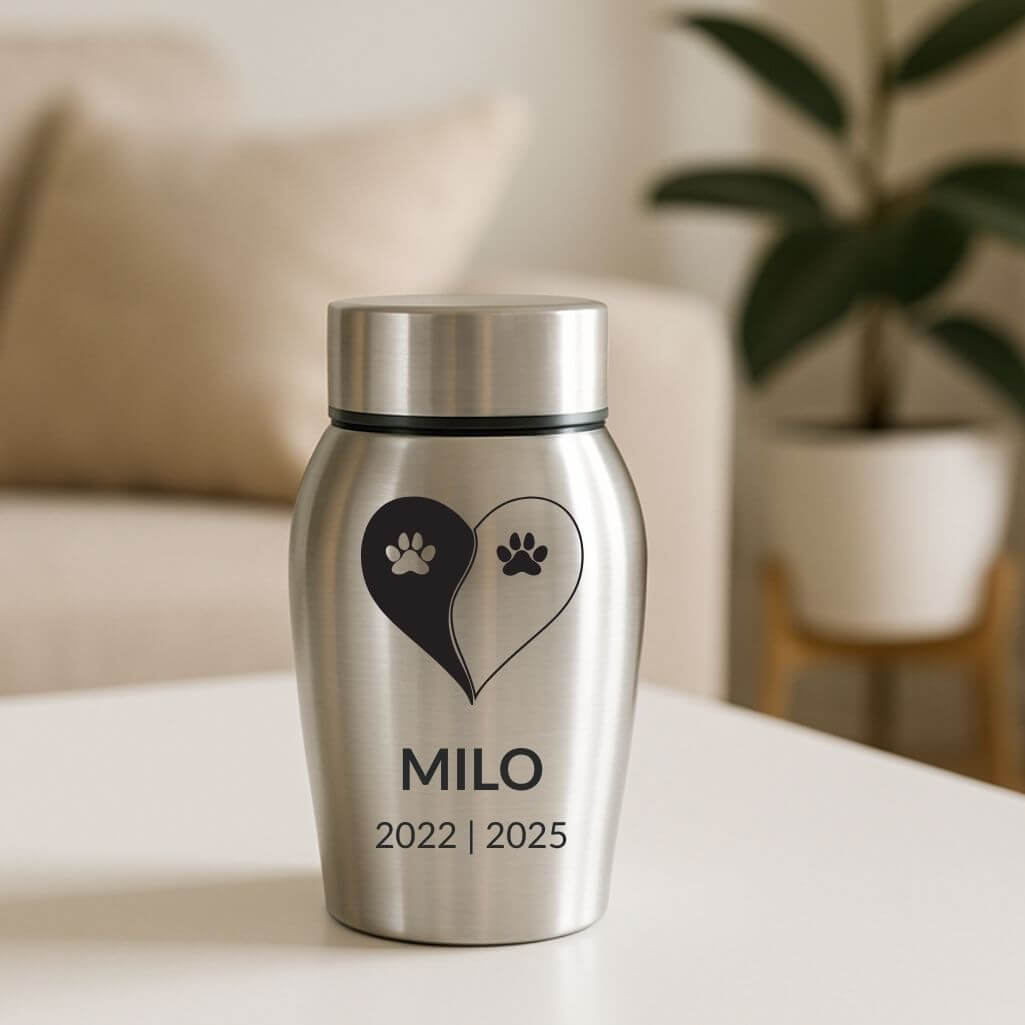Personalised Dog Urn with Name, Dates & Yin Yang Paw Design  – Pet Memorial Stainless Steel Urn