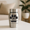 Personalised Dog Urn with Name & Dates in a Paw Print Design  – Pet Memorial Stainless Steel Urn
