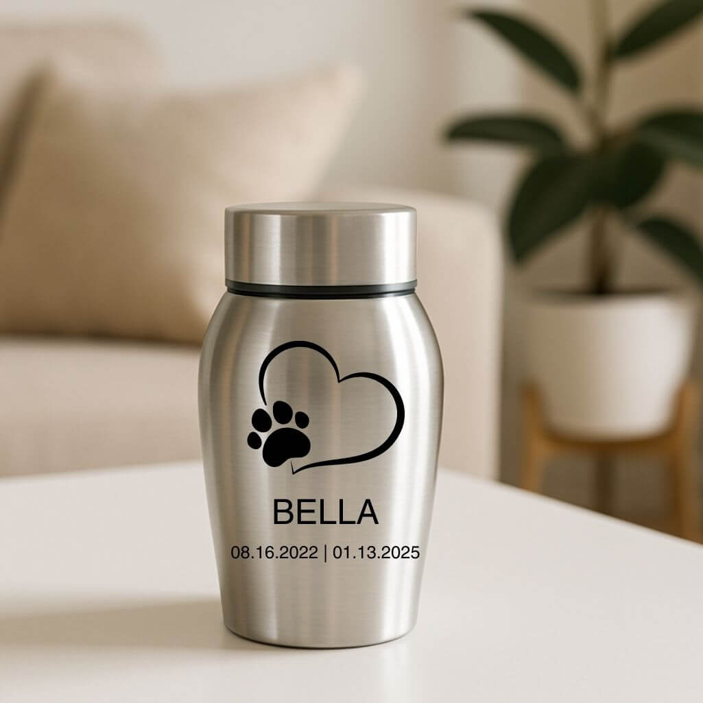 Personalised Dog Urn with Name, Dates & Special Tribute on the Lid  – Pet Memorial Stainless Steel Urn