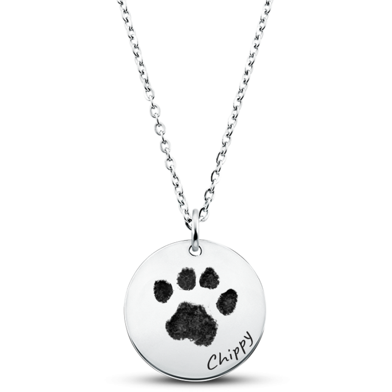 Personalised Dog Memorial Round Necklace – Engraved with Pet's Paw Print & Name