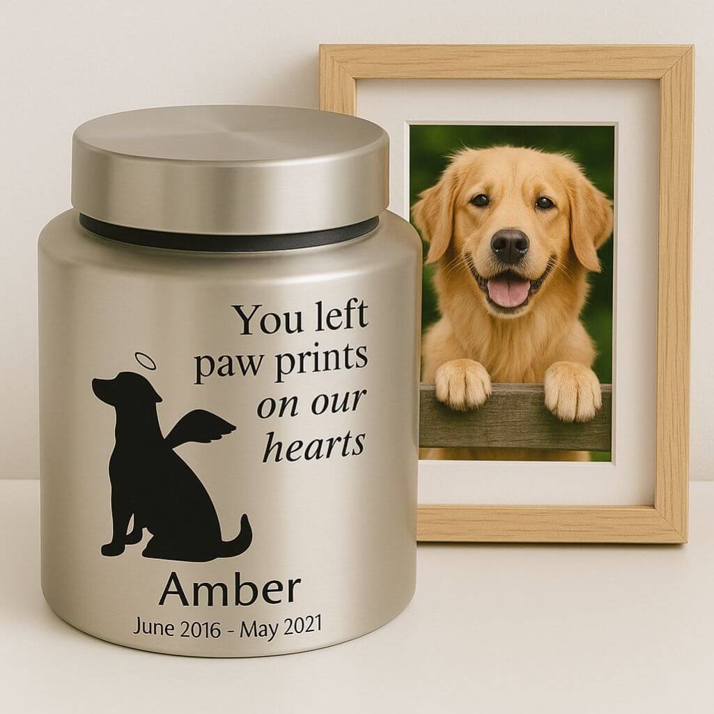 Personalised Dog Urn with Angel Pup Design – Stainless Steel Memorial Urn  with Name, Dates & Special Tribute
