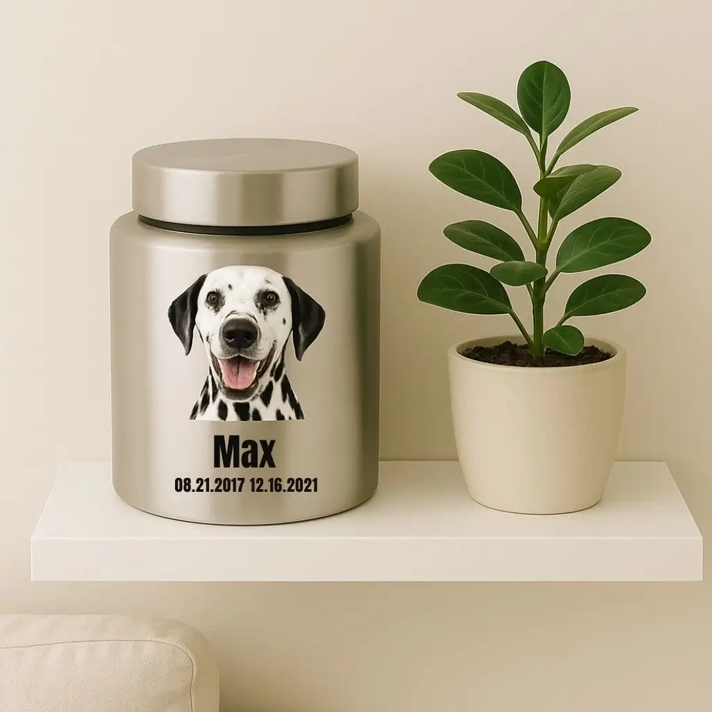 Silver dog urn with a Dalmatian’s photo and the name Max beside birth and passing dates, placed on a shelf next to a plant.