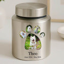 Personalised Dog Urn with Photos in a Paw-shaped Frame – Cylinder Stainless Steel Memorial Urn  with Name & Dates