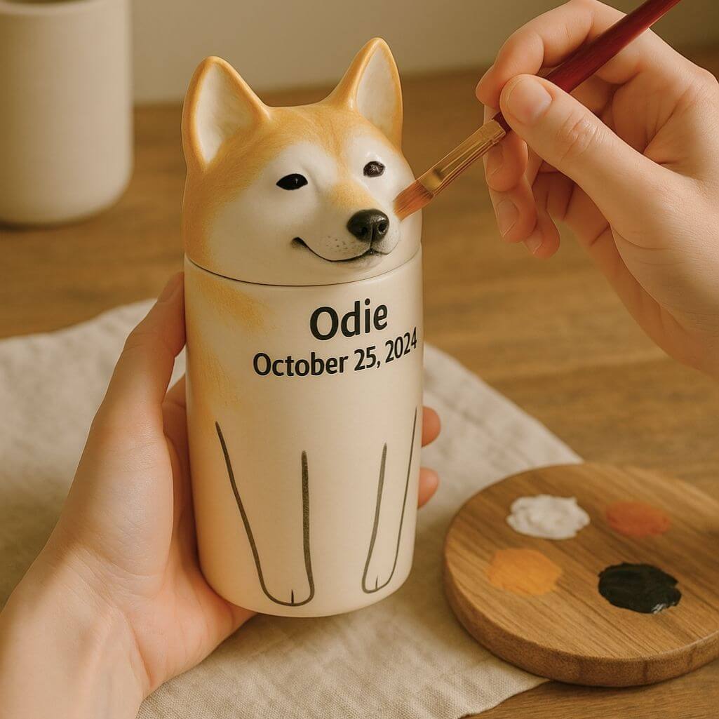 Personalised Handmade Ceramic Dog Urn by Breed – Custom Memorial Urn with Painted Portrait & Open Eyes Design
