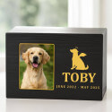 Personalised Black Wooden Dog Urn with Photo – Custom Memorial Box with Angel Icon, Name & Dates