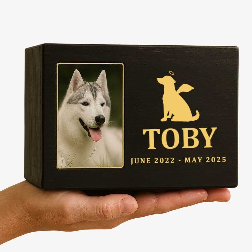 Personalised Black Wooden Dog Urn with Photo – Custom Memorial Box with Angel Icon, Name & Dates