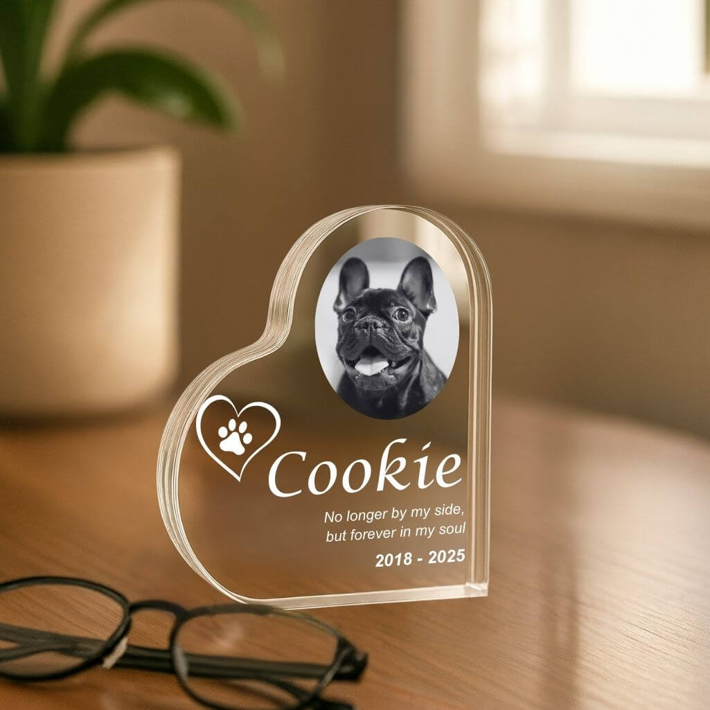 Personalised Dog Memorial Photo Gift –  Heart-Shaped Pet Memorial Acrylic Plaque with Engraved Name, Dates & Tribute