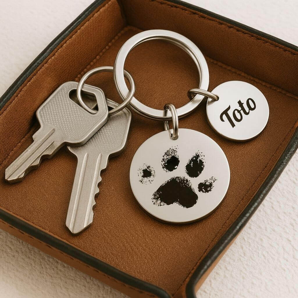 Personalised Dog Memorial 2-Charm Round Keyring - Engraved with Pet's Paw-Print & Name