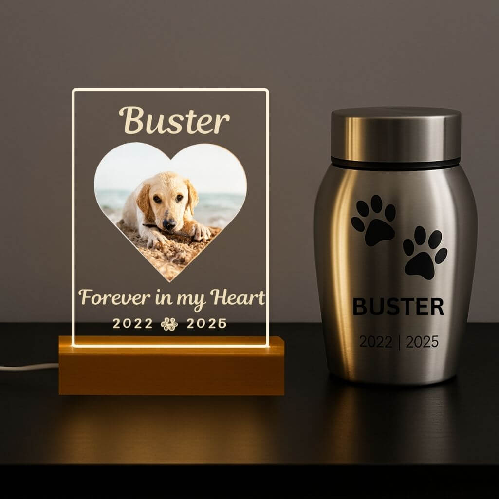 Personalised Dog Memorial Light with Photo – Rectangular LED Pet Tribute Lamp with Engraved Name & Dates on Acrylic Plaque