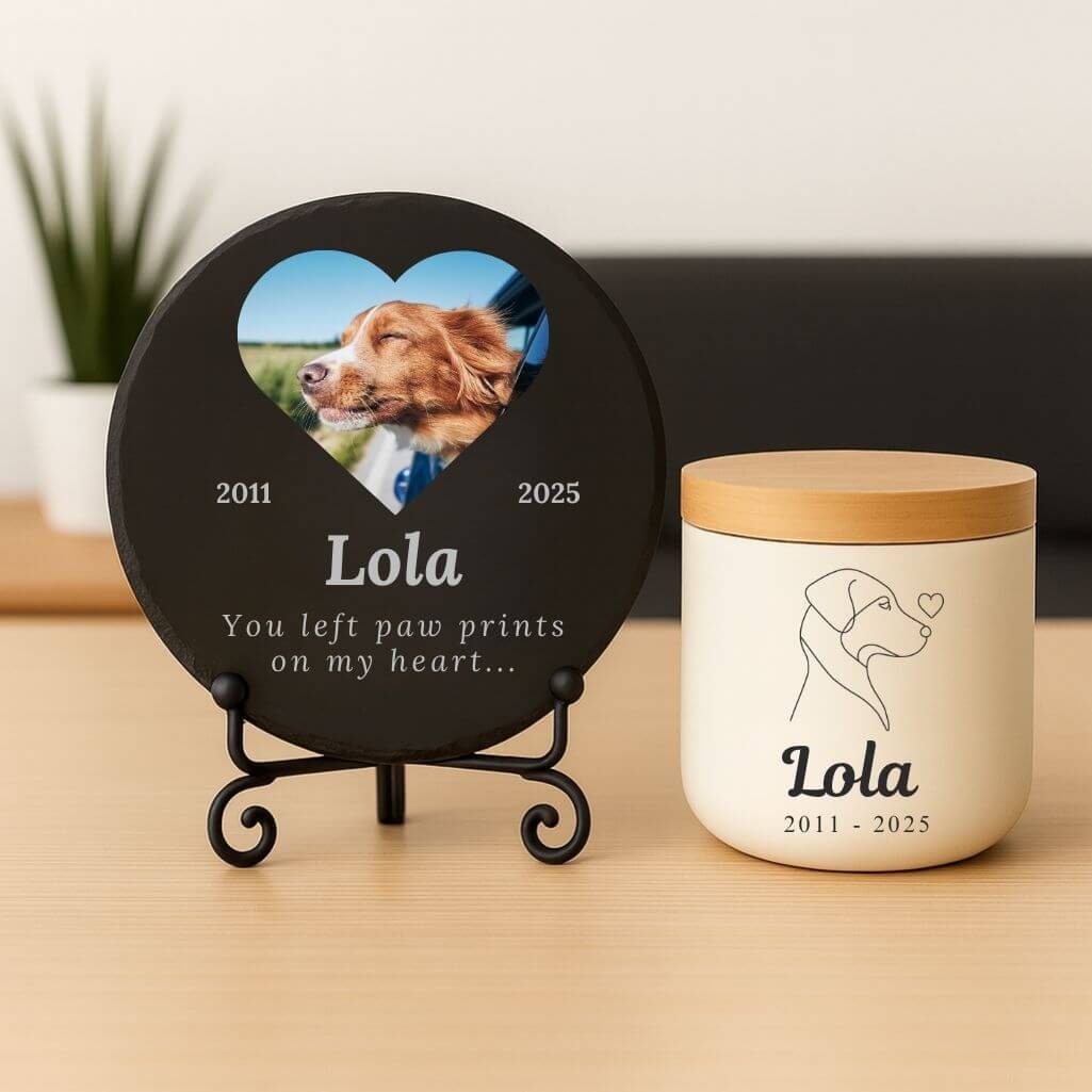 Personalised Round Slate Dog Memorial Plaque – Pet Memorial Gift with Photo, Engraved Name, Dates & Tribute