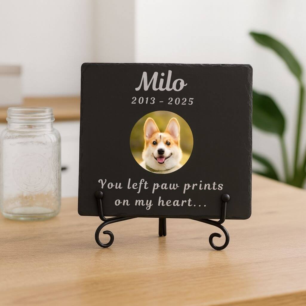Personalised Square Slate Dog Memorial Plaque – Pet Memorial Gift with Photo, Engraved Name, Dates & Tribute