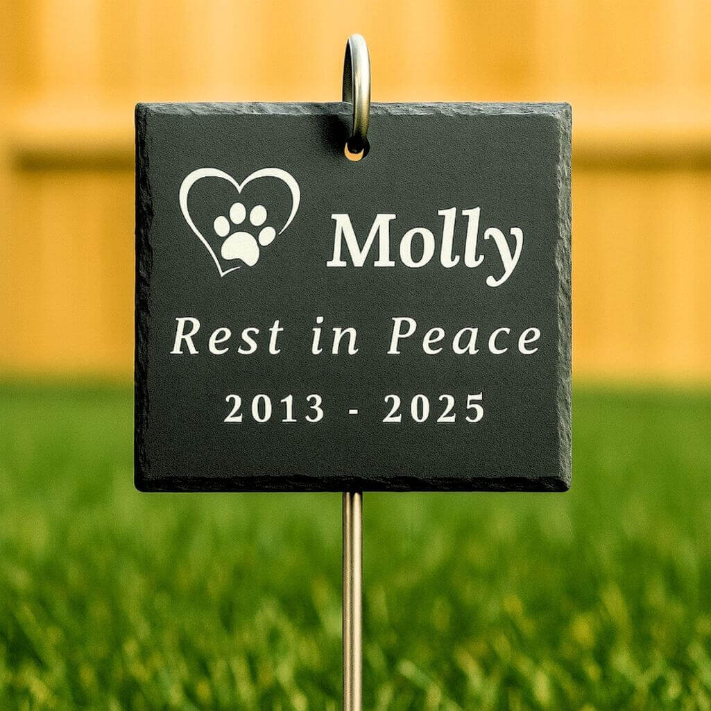 Personalised Square Dog Grave Marker with Metal Hook Stake – Slate Pet Memorial Garden Plaque with Name, Dates & Tribute