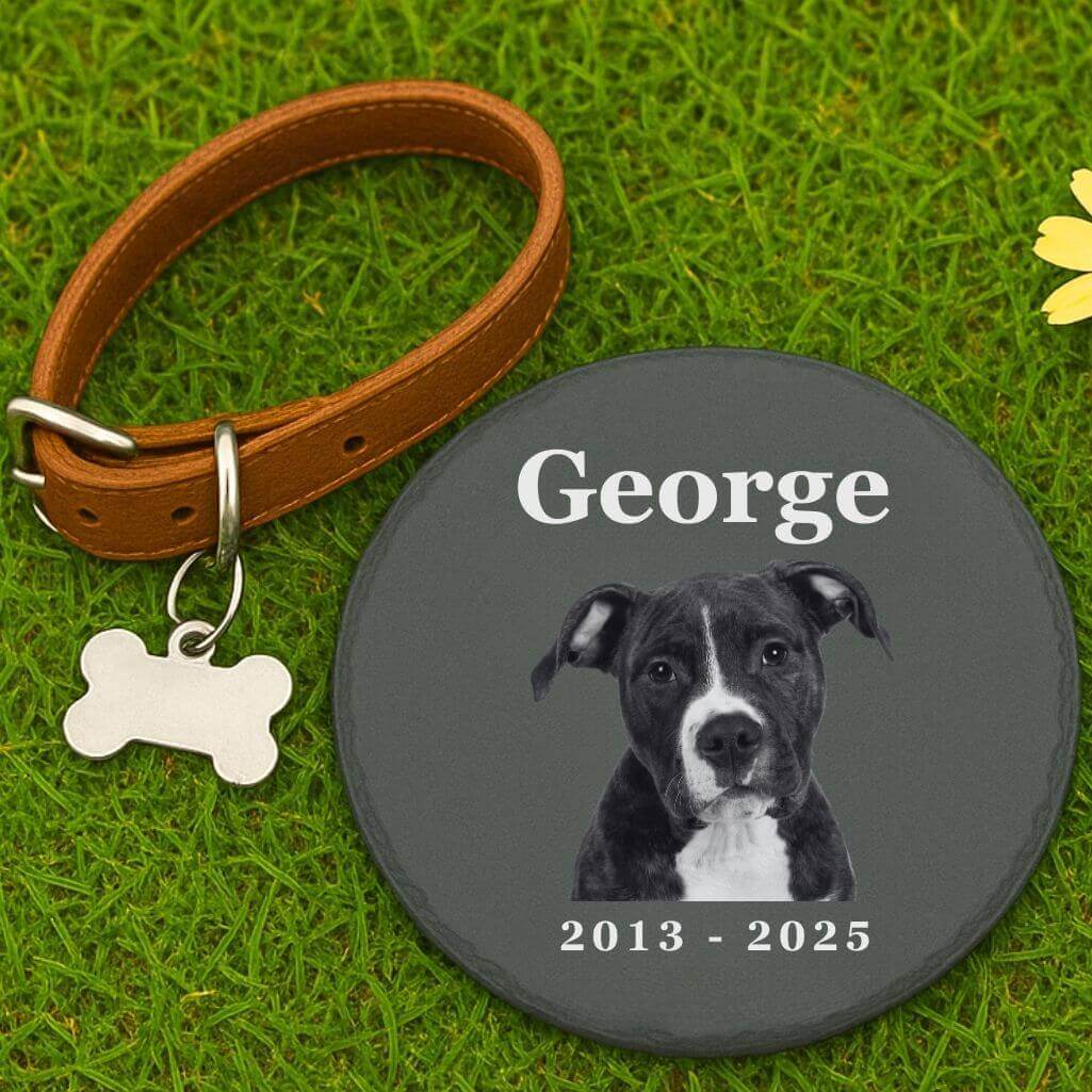 Personalised Round Dog Grave Marker with Photo – Slate Pet Memorial Garden Plaque with Name & Dates
