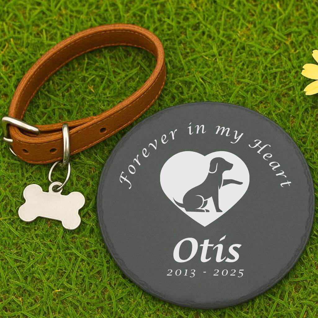 Personalised Round Dog Grave Marker – Slate Pet Memorial Garden Plaque with Name, Dates & Tribute
