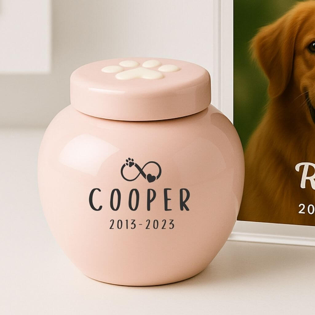 Personalised Ceramic Dog Urn – Pet Cremation Urn for Ashes with Name, Dates & Eternal Love Design