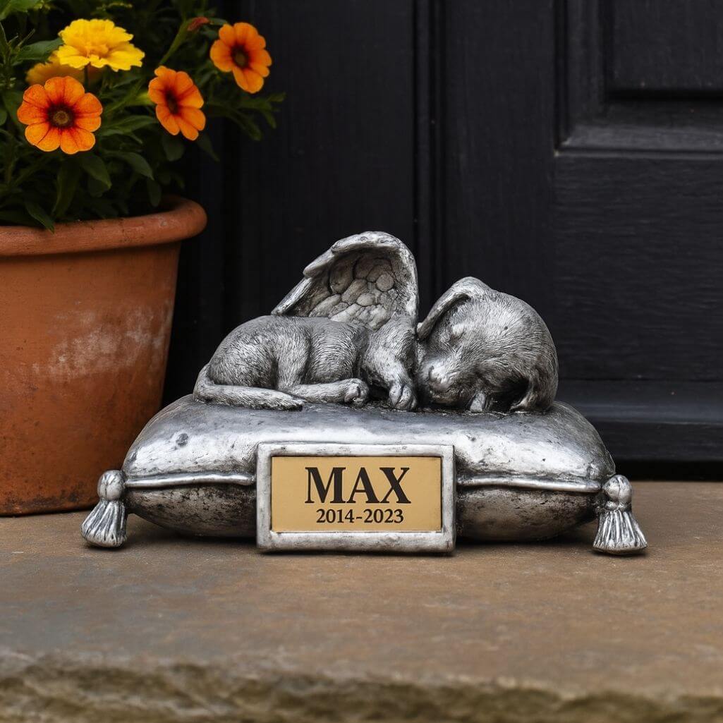 Sleeping Angel Dog Memorial Urn with Name & Dates – Outdoor Resin Grave Marker & Pet Ashes Holder for Garden Display