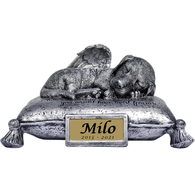 Sleeping Angel Dog Memorial Urn with Elegant Cursive Name & Dates – Outdoor Resin Grave Marker & Pet Ashes Holder for Garden Display
