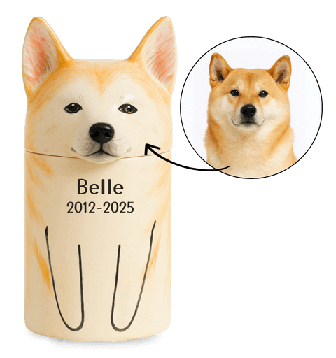 Personalised Handmade Ceramic Dog Urn by Breed – Custom Memorial Urn with Painted Portrait & Open Eyes Design