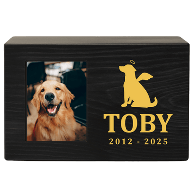 Personalised Black Wooden Dog Urn with Photo – Custom Memorial Box with Angel Icon, Name & Dates